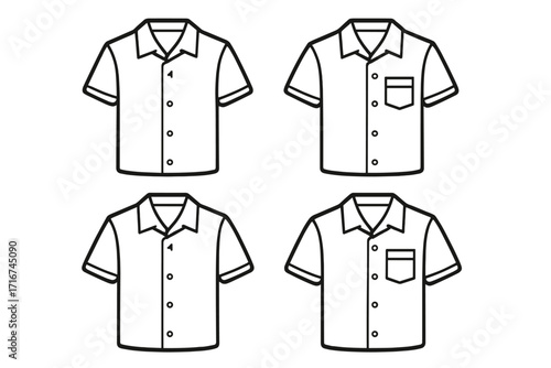 Linear Outline Vector Shirt Set, Short Sleeve and Collar Variations, Button Down and Pocket Designs, Minimalist Clothing Collection, Transparent Background, Fashion Template, Editable Illustration
