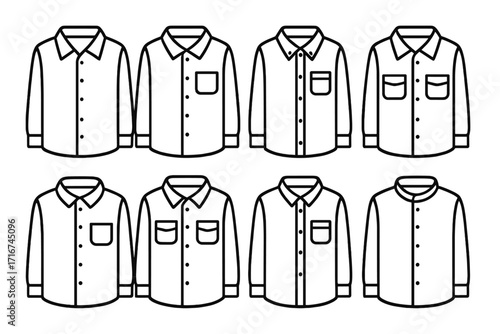 Outline Icons Set Variety of Men’s Shirts with Collars and Pockets, Vector Illustration, Shirt Front Styles Collection, Button-Downs, Pocket Options, Fashion Design Elements, Transparent Background