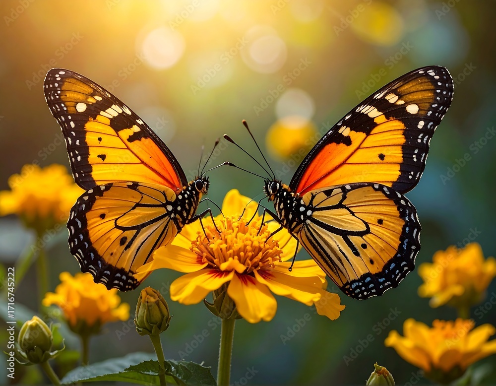 Fototapeta premium Two Monarch butterflies on a bright yellow flower