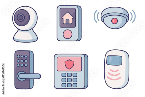 Modern Smart Home Security System Elements Set. Cartoon Isometric Vector Icons of Security Camera, Keypad Lock, Motion Sensor, Doorbell, Alarm, Wireless Access Control with Pastel Colors Background