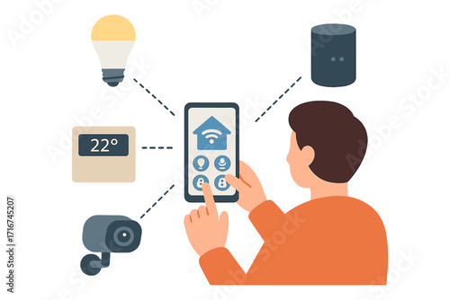 Smart home automation system control, person managing internet-connected devices with smartphone app, wireless security camera, climate thermostat, smart bulb, voice assistant, vector illustration