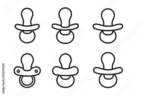 Minimalist Baby Pacifier Outlines Collection, Six Cartoon Soother Icon Variations, Black Line Vector Illustration, Transparent Background, Nursery and Newborn Essentials, Ordered Set Design