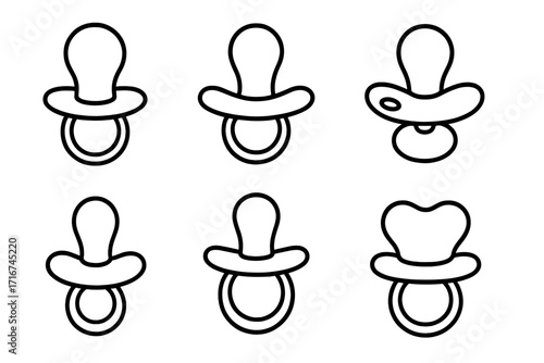 Variety of Baby Pacifier Outlines Collection, Minimalist Soother Icon Set, Flat Vector Cartoon Illustration, Baby Teether, Infant Comfort Accessory, Outline Shape, Transparent Background