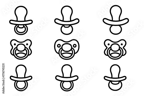 Variety of pacifier outline icons collection. Minimalist baby soother vector set. Infant pacifiers in simple line style. Cartoon illustration for newborn care products and nursery design.