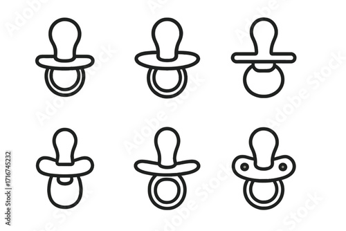 Minimalist Baby Pacifier Icons Collection. Variety of Pacifier Outline Designs. Vector Baby Soother Clipart Set with Transparent Background. Infant Comfort Object Symbol, Baby Care Essentials.