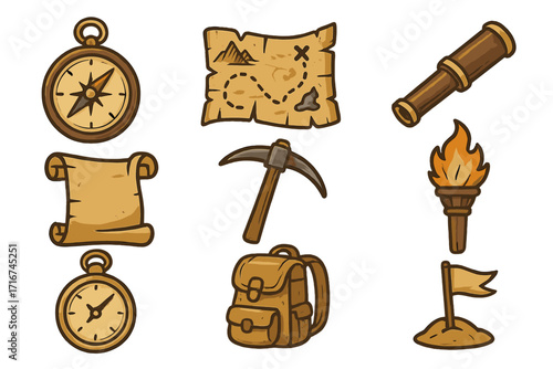 Vintage exploration adventure icons collection with compass, ancient treasure map, scroll, pickaxe, torch, telescope, backpack, and flag, cartoon vector illustration set for travel discovery