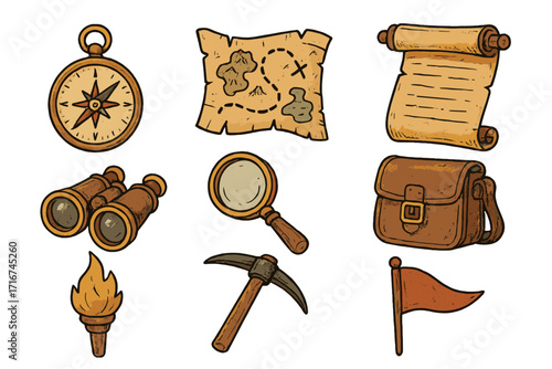 Vintage exploration adventure icons set. Hand drawn compass, treasure map, ancient scroll, binoculars, magnifying glass, torch, pickaxe, satchel, and flag. Cartoon vector illustration.