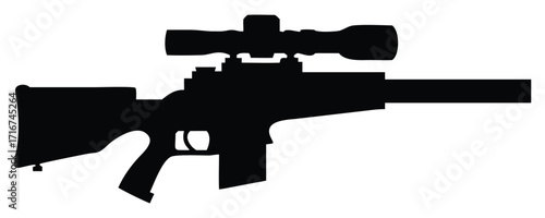 A black silhouette of a military assault rifle illustration on a white background