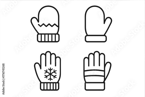 Winter gloves icon set simple linear design, cartoon vector illustration, four assorted styles, mitten and glove, snowflake symbol, striped cuffs, isolated on transparent background