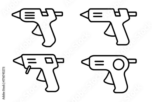 Linear Outline Hot Melt Glue Gun Icons Set. Collection of Vector Cartoon Glue Guns, Craft Tool Symbols, DIY Repair Equipment, Transparent Background, Isolated, Modern Line Style Illustration