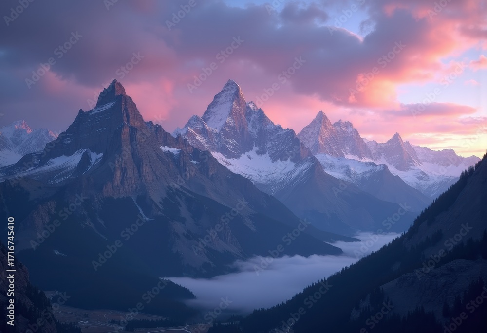 Obraz premium Majestic Mountain Peaks Twilight Skyscape Colors Overwhelming Horizon Reflections