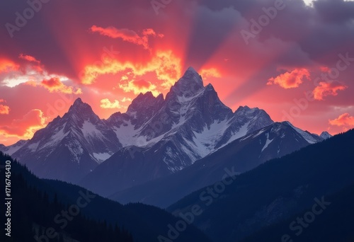 Majestic Twilight Mountain Peaks Aglow Under Exquisite Celestial Sphere with Rich Colors and Cloud Formations