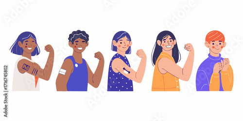Diverse people showing vaccination marks and flexing arms Keywords: diversity, vaccination