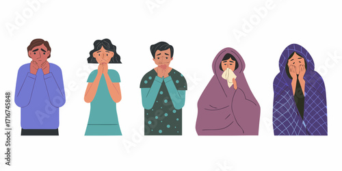 Group of people showing signs of cold and distress Keywords: cold, flu, sick, unwell, shivering