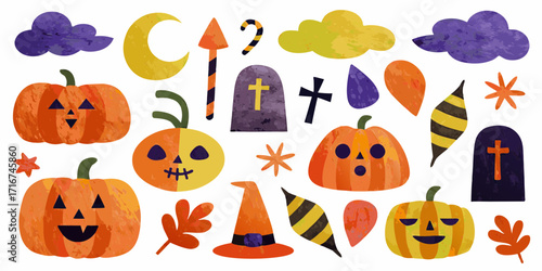Halloween illustrations with pumpkins, tombstones, and candy corn