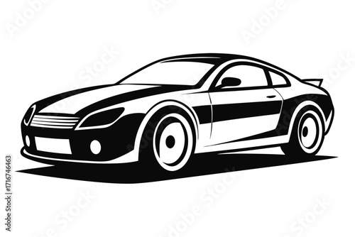 Black and White Illustration of Sleek Sports Car with Spoiler and Headlights Lit Up