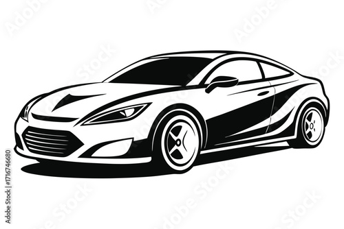 Black and White Vector Illustration of Sleek TwoDoor Sports Car in Perspective View