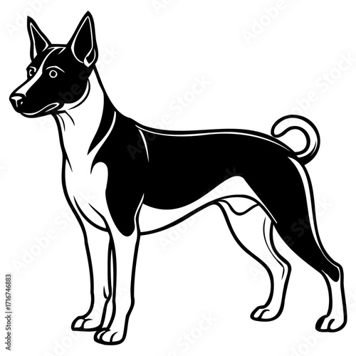Black and white illustration of a muscular dog standing