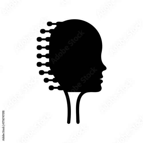 Abstract depiction of a human head connected to technology, artificial intelligence