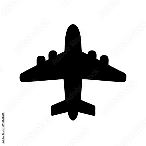 A simplified illustration of a fourengine aircraft, flying overhead, in silhouette