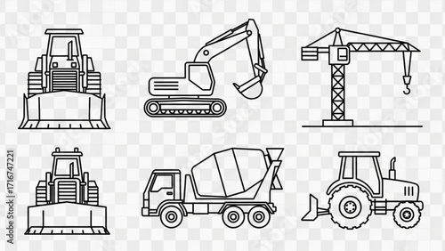 Construction vehicles line art showcasing excavator, bulldozer, cement mixer, crane, tractor, perfect for engineering designs and construction blueprints