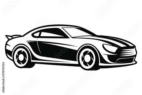 Black and White Illustration of a Sleek Modern Car with Rear Spoiler