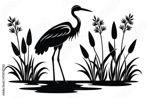 Silhouette of a Heron in a Marsh with Reeds and Cattails Vector Art
