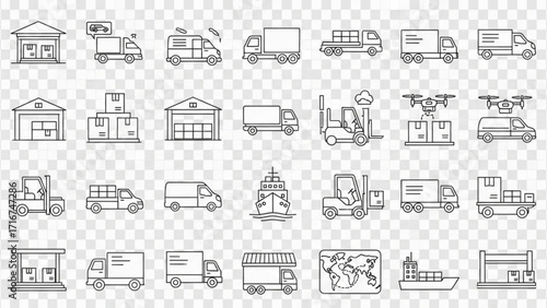Modern line art icons depicting global logistics, shipping, and supply chain management for business presentations and marketing materials