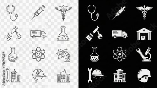 Medical symbols and science icons convey healthcare, research, and innovation for modern designs and educational projects, originally created as a scalable vector graphic