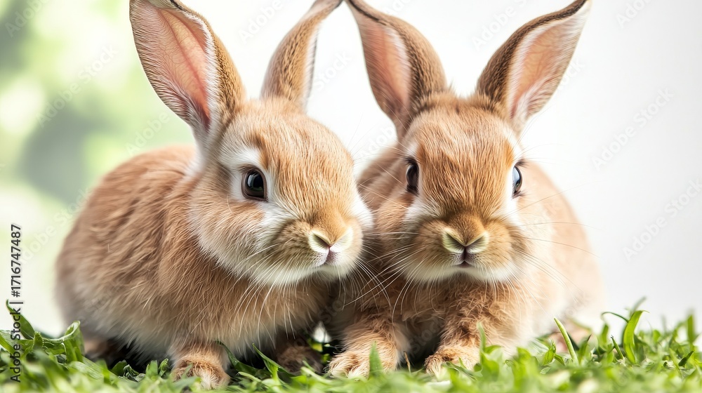 Fototapeta premium Two Adorable Brown Rabbits in Grass Close-up, Duo Portrait, Easter Bunnies, Springtime, Cute Animals Easter, Rabbits
