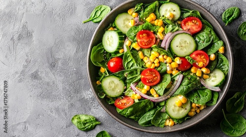 Vibrant Spinach Salad with Corn, Cucumber and Tomatoes Overhead Composition, healthy food, summer salad, recipe healthy recipe, summer salad