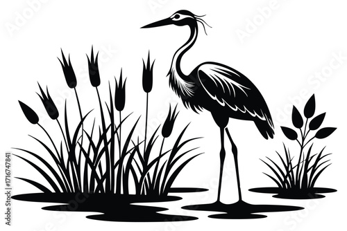 Elegant Heron Silhouette Standing Among Reeds and Water Plants in a Minimalist Design
