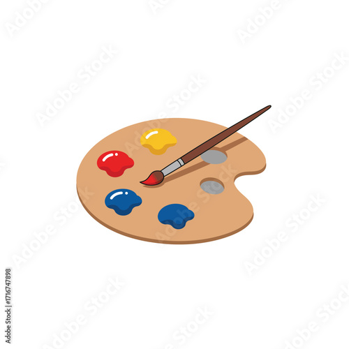 Vibrant artist palette with paintbrush and primary colorful paint blobs, ready for creative painting and artistic expression.