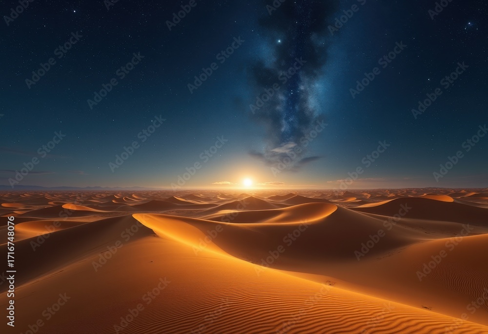 Naklejka premium Expansive Desert Dunes Under Starry Sky Celestial Nightscape Serenity Silhouette Wonders
