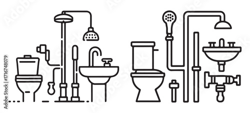 Bathroom Plumbing Fixtures Silhouette Vector Set, Toilets, Sinks, Showers, Pipes, and Water Supply Icons