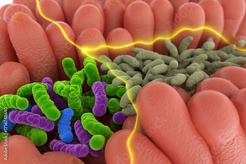 A detailed 3D illustration of the gut microbiome, showing diverse colorful bacteria on intestinal villi with a glowing protective energy barrier.
