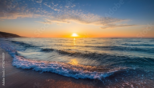 Sea Waves The Sun Rising In The Quiet Of The Morning Beautiful Landscape With Sunrise At The Sea