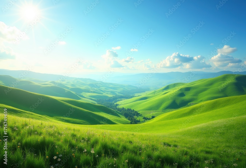 Fototapeta premium Lush Rolling Green Hills Vibrant Boundless Fields Nature Serenity Tranquility Flourishing Flora