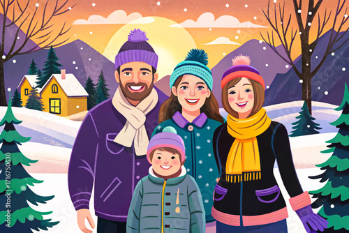 Vector illustration of a joyful family enjoying winter holidays on snow, featuring kids and parents playing together in a cheerful seasonal landscape filled with happiness.