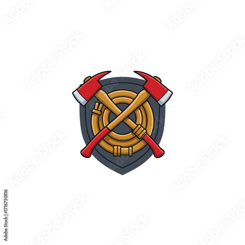 Strong firefighter emblem featuring classic crossed rescue axes and coiled fire hose on a protective shield design illustration