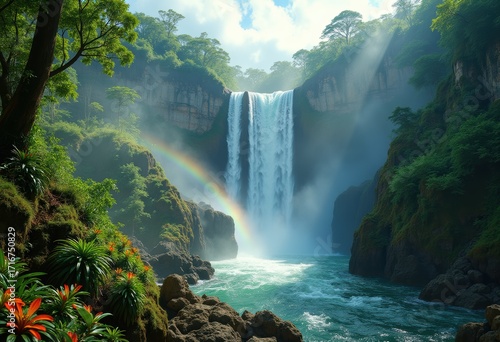 Thunderous Waterfall Surrounded by Lush Tropical Foliage Vibrant Greenery Exotic Nature Paradise