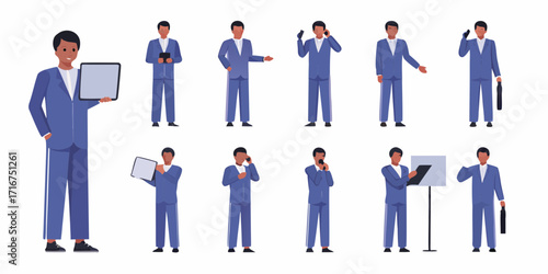 Collection of diverse business professionals in blue suits engaged in various activities and holding devices