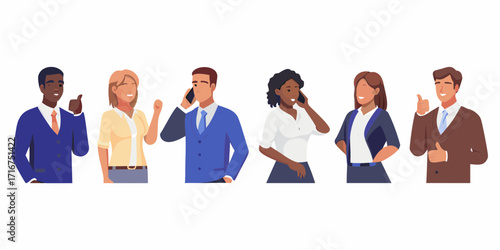 Diverse group of business professionals in smart attire communicating and expressing positivity with gestures and phones