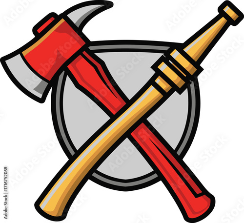 Firefighter Axe and Nozzle Crossed Emblem Over Shield Symbolizing Emergency Rescue Service