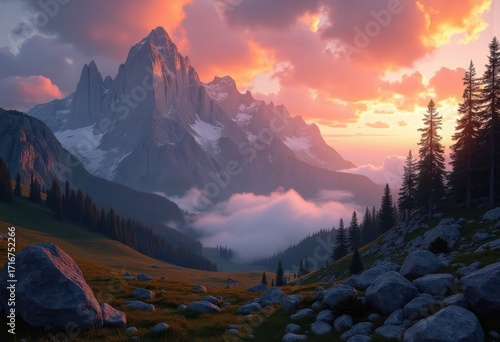 majestic mountains under dramatic sunset skies stunning colorful horizon alpine wilderness, sky, nature, landscape, clouds, dusk, light, rays, vista