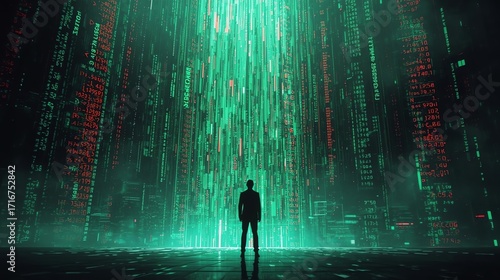businessman standing before towering digital matrix of glowing green and red stock numbers, cascading data streams, and futuristic financial codes, symbolizing big data and fusion of finance with AI