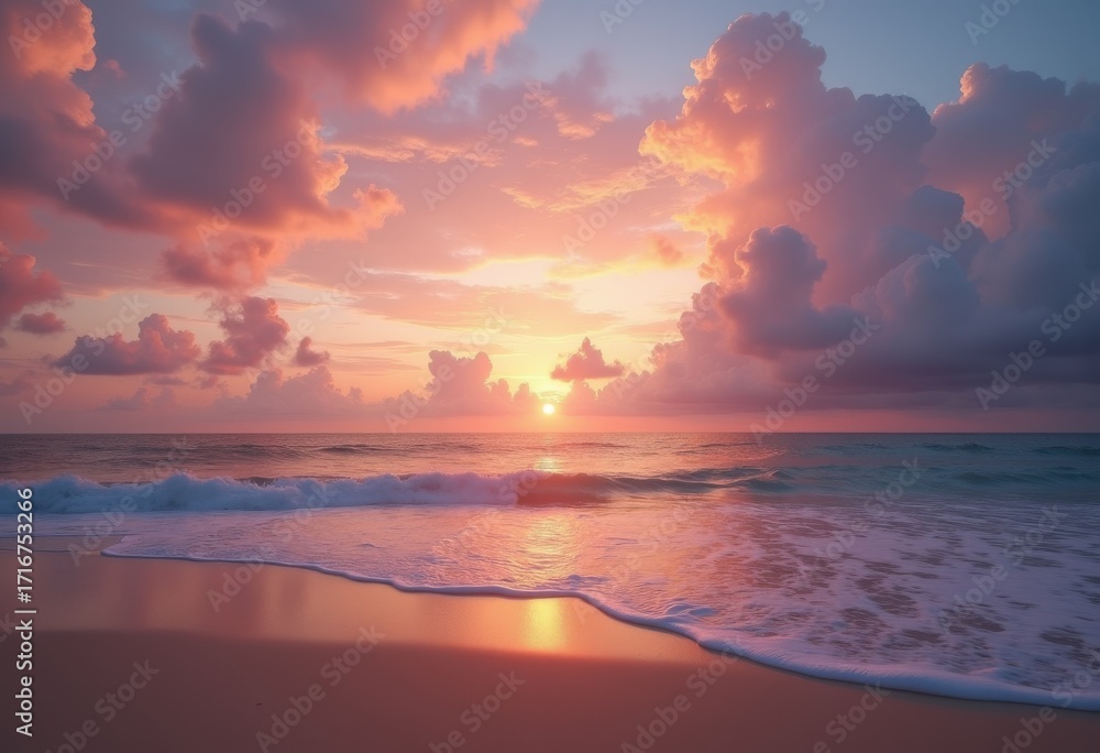 Fototapeta premium Tranquil Beach Sunset Dramatic Sky Colors Reflection Calm Waves Peaceful Seashore Scenic Ocean View