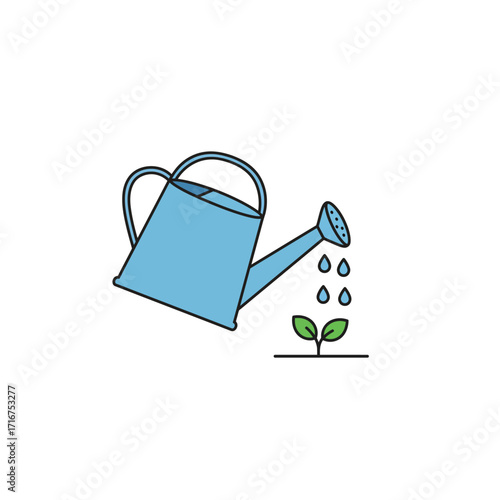 Blue watering can providing essential hydration to a delicate green seedling, embodying growth, nurture, and spring gardening.