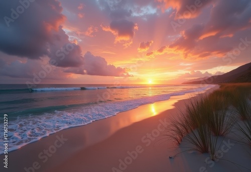 Tranquil Beach Sunset Dramatic Skies Serene Waves Golden Horizon Soft Sand Nature Scene
