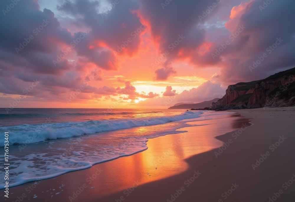 Obraz premium Tranquil Beach Sunset Dramatic Sky Reflection Serenity Coastal Landscape Waves